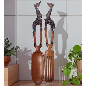 Handmade Hand Carved Wooden Giraffe Salad Tongs Cooking Utensils Safari Boho